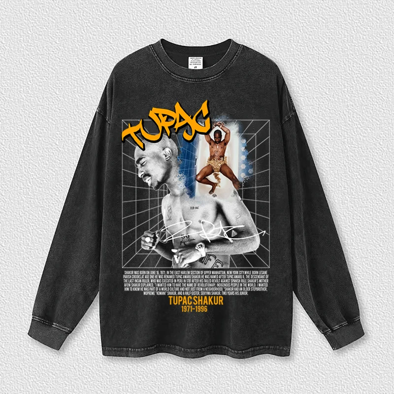 

Funny Vintage TUPAC Print Sweatshirts Men's Cotton Clothing TUPAC Tees 2022 Washed Neutral Black Autumn Oversized Clothing Tops