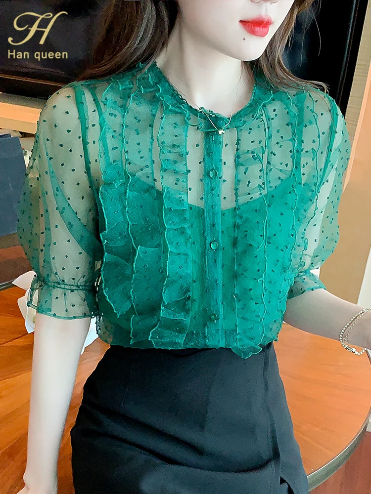 

H Han Queen Hot Sales 2 Pieces Elegant Ruffles Simple Office Chiffon Blouse Loose Tops Puff Sleeve Casual Shirt OL Blouses Women