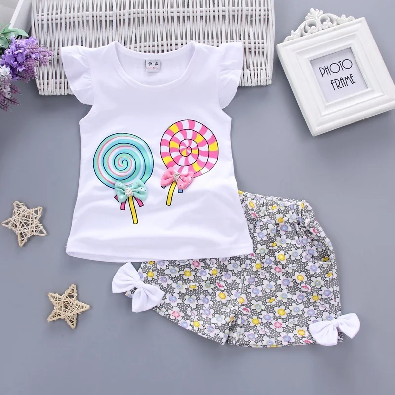 

Cartoon Printing Girls Flying Sleeve Vest Suit 2022 Summer New Cotton Baby Costume Cute Lollipop Girls Top Shorts Two-piece Set