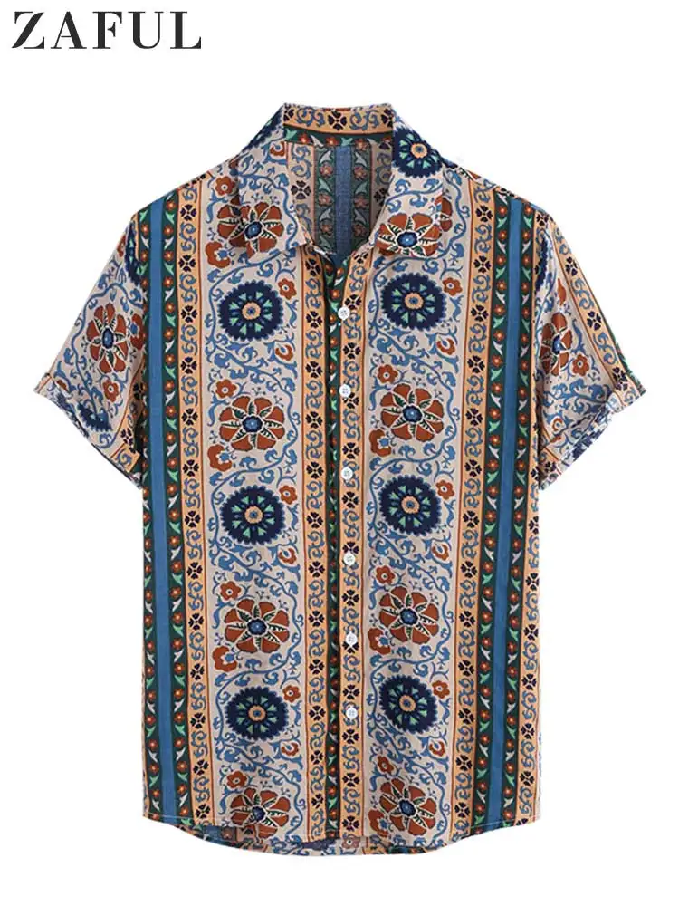 

ZAFUL Vintage Ethnic Printed Shirts for Men Cotton and Linen Textured Short Sleeves Shirt Summer Streetwear Basic Tops Z5090298