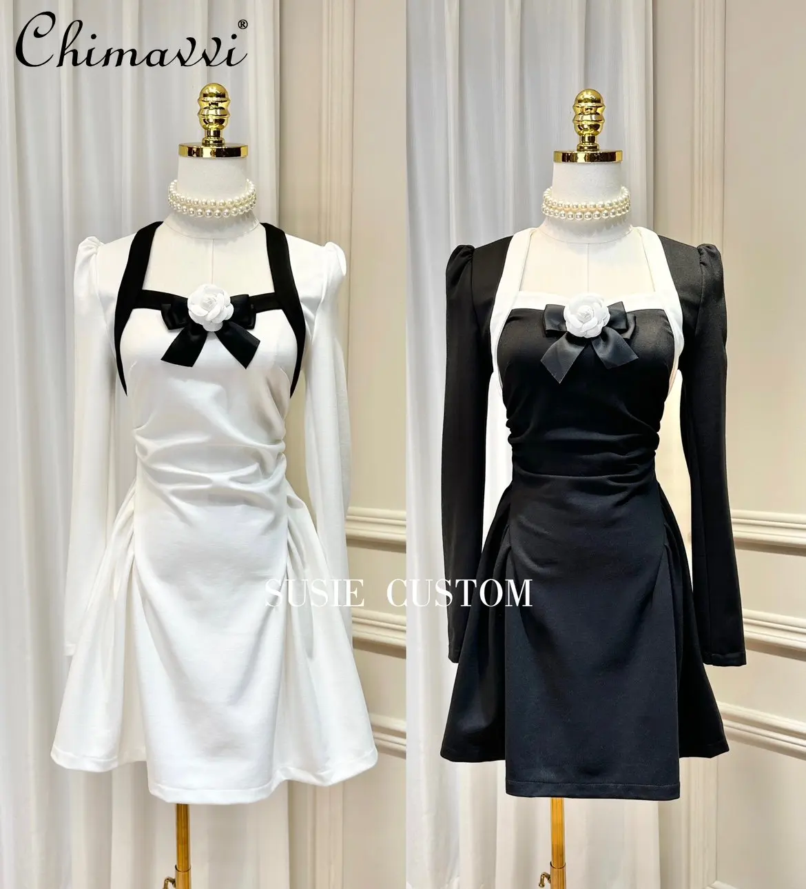

Black and White Contrast Color Bubble Long Sleeve Slim Waist A- Line Dress Female 2023 Spring New Mid-Length Dress with Brooch