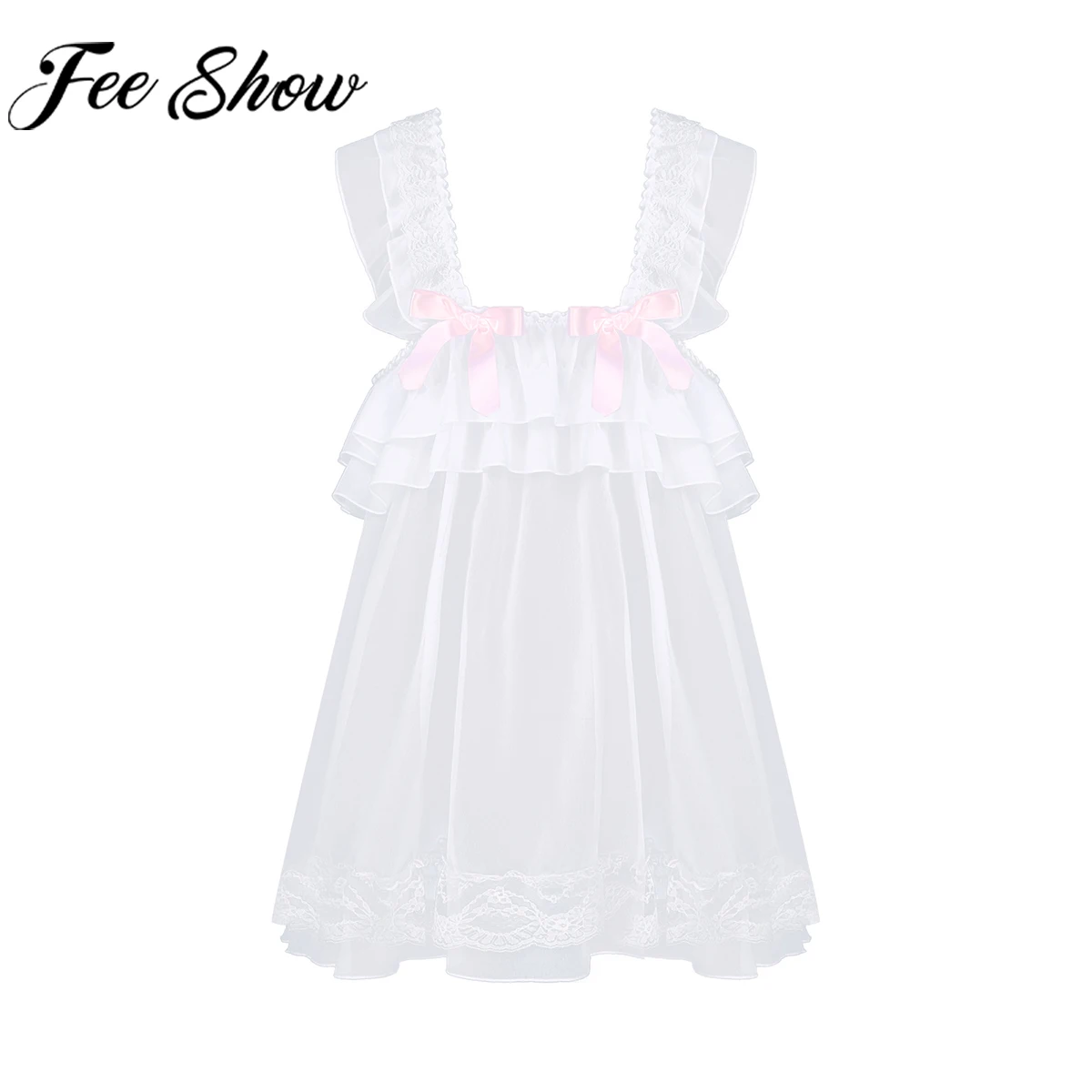 

Mens Sissy Nightdress See-through Chiffon Dress Babydoll Chemises Bowknot Lace Trim Ruffle Nightwear Exotic Costume