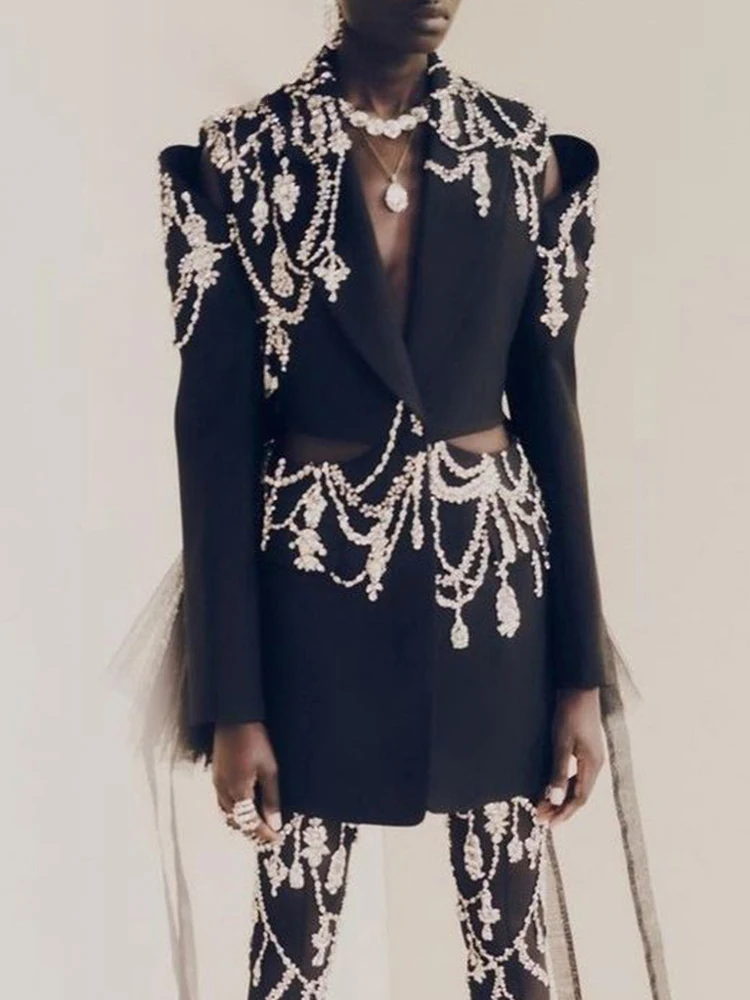 VGH ажурные лоскутные блейзеры с бриллиантами для женщин зубчатым воротником и