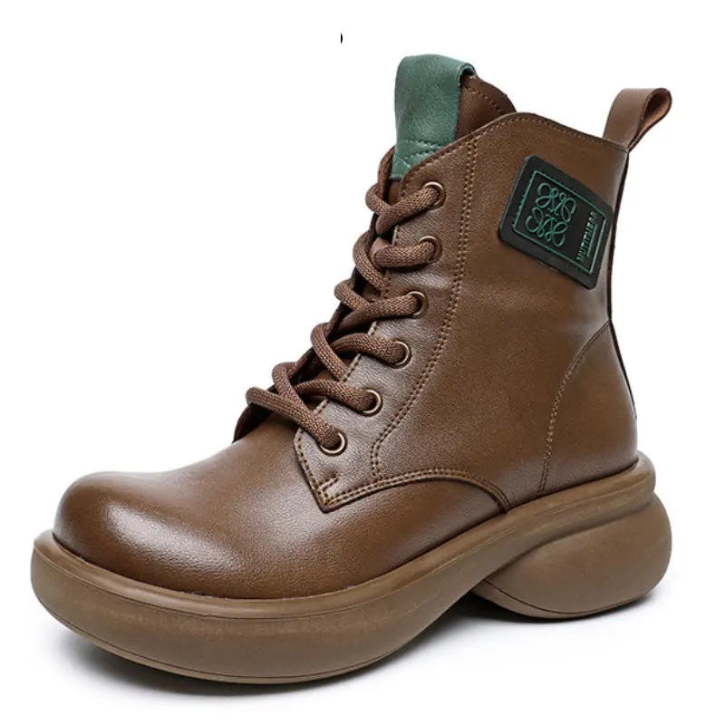 

5.5cm Natural Genuine Leather Autumn spring Platform Ankle Mid Calf Chunky Combat Booties Woman Non Slipper Ladies Shoes