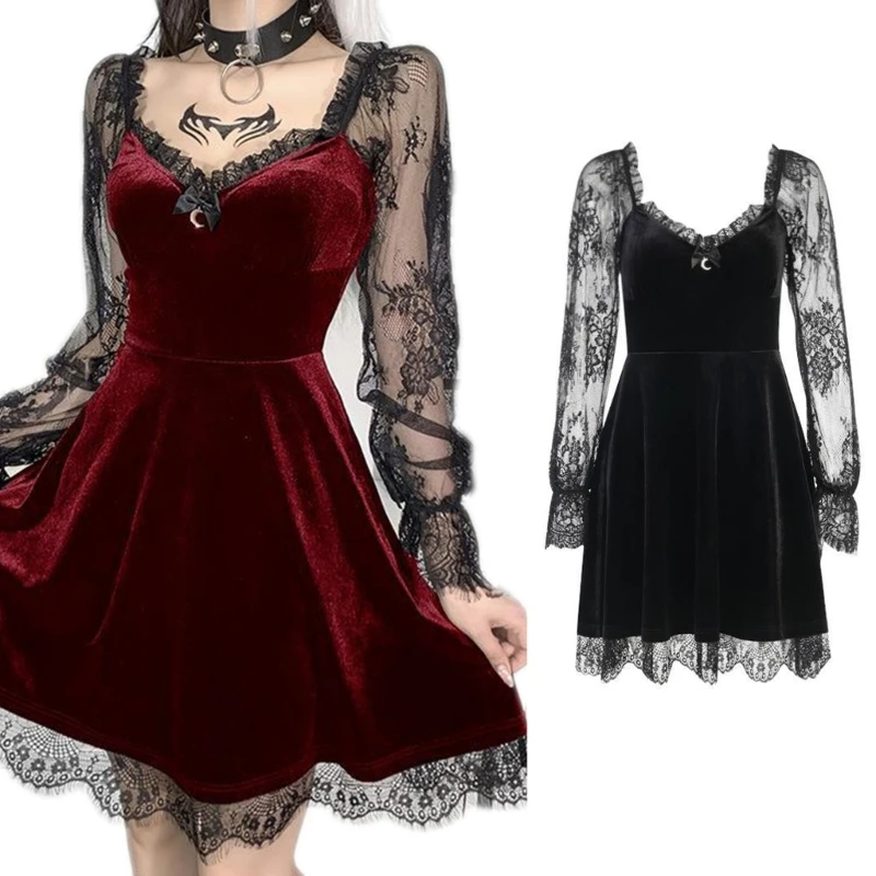 

Dark Gothic Women Lace Flare Long Sleeve Velvet A-Line Swing Dress Ruffled V-Neck Bowknot Moon Pendant Slim Partywear 10CD
