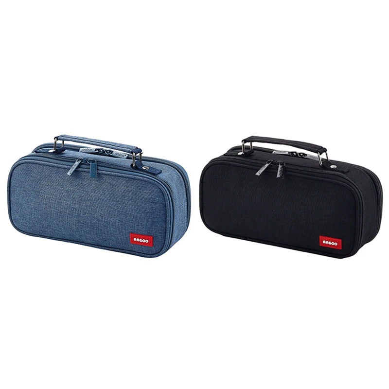 

ANGOO 2Pcs Pencil Case Canvas Double Layer Large Capacity Kawaii School Supplies Makeup Bag Pen Box - Black & Blue