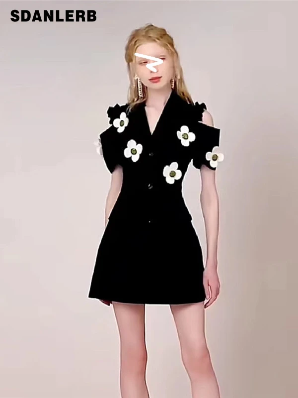 

Светильник кое роскошное платье с 3D цветочным вырезом на талии, элегантный костюм для социалитов в стиле ретро с коротким рукавом, черное пл...