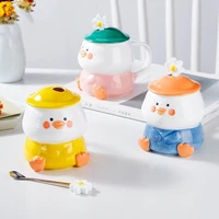 creative cute 400ml cartoon hand painted duckling ceramic coffee mug with lid spoon milk tea cups gifts