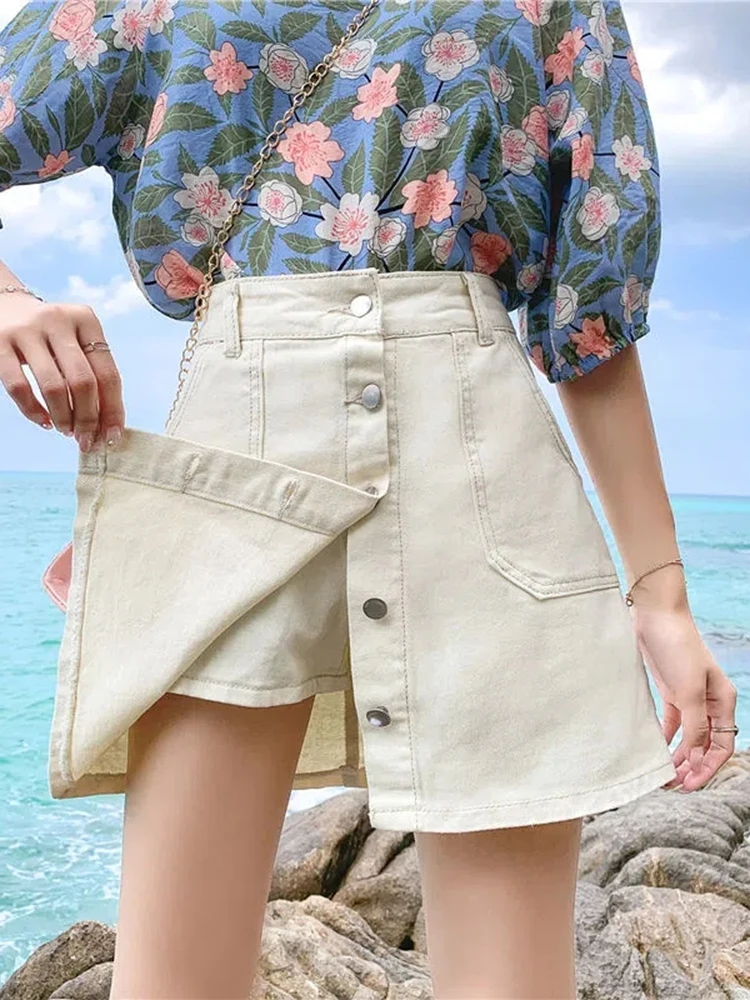 

Женская джинсовая юбка с завышенной талией и пуговицами, однотонная универсальная облегающая юбка для женщин, модные мини-юбки А-силуэта дл...