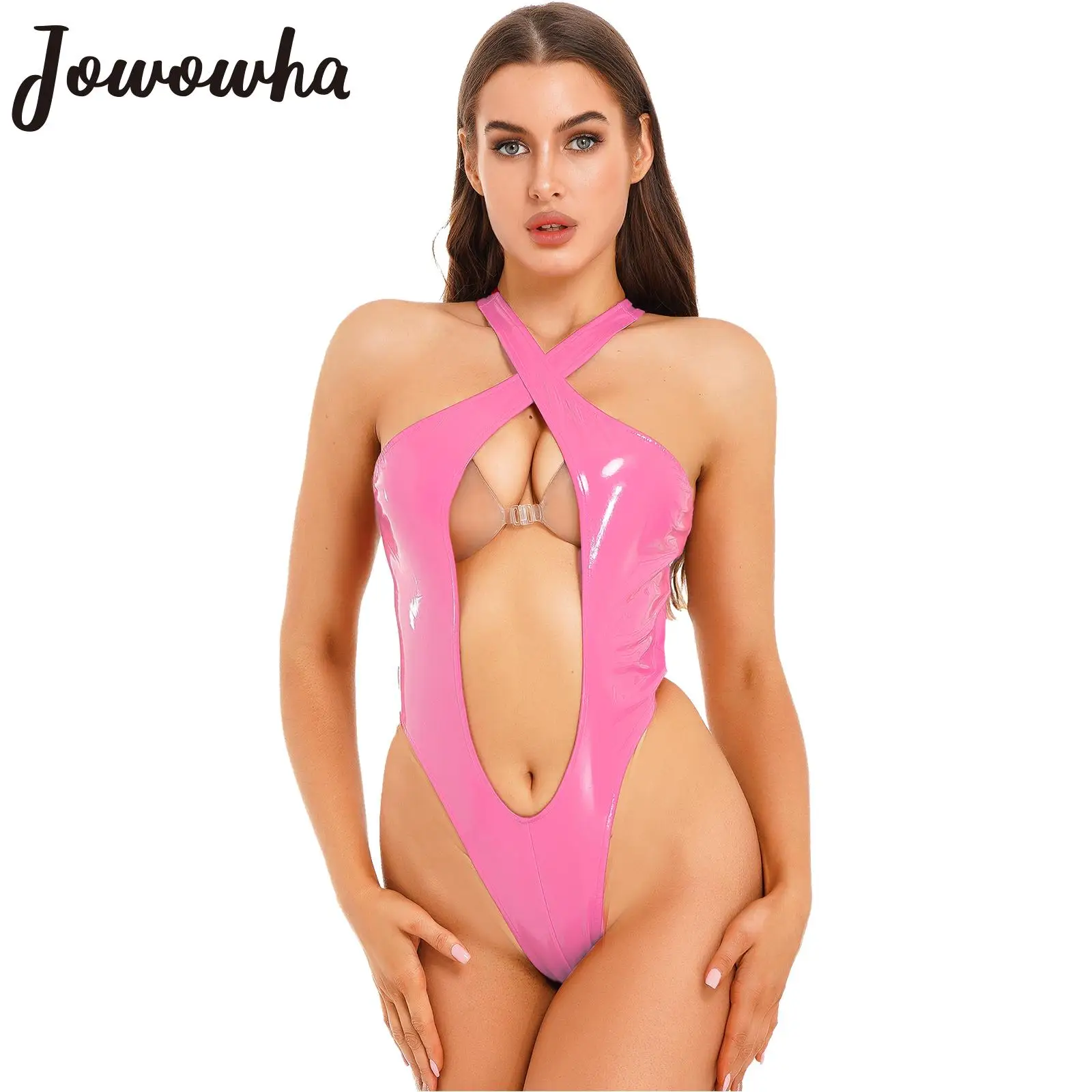 

Женское сексуальное блестящее боди с перекрестными широкими лямками, купальник с высоким вырезом из лакированной кожи, купальник, пляжная одежда, клубная одежда