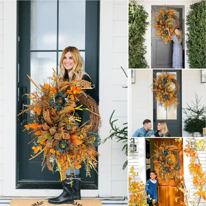 

Simulated Autumn Fall Grapevine Wreath plant vine wreath wall hanging door hanging stair handrail festival decoration scene prop