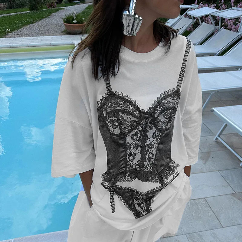

Sexy Lace Lingerie Print Oversize Casual T Shirts Women Summer 2023 O Neck 3/4 Sleeve Loose Y2k Graphic Tops Hipster Streetwear