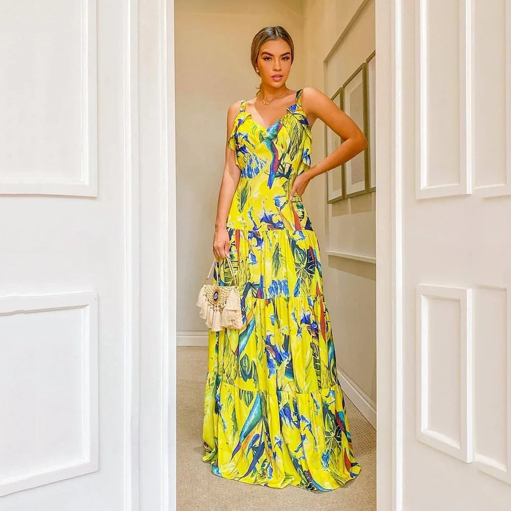 

2022 Spring Summer New Women's Clothing Bohemian V-neck Swing Dress Long Skirt Sleeveless Fashion Casual High Waist