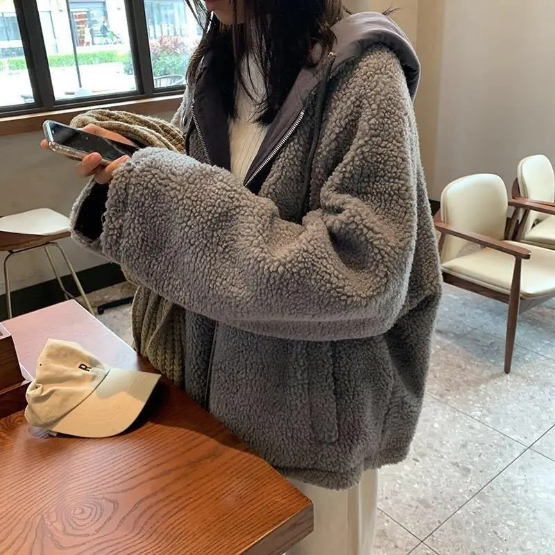 Autumn and Winter Fashion Thicken Both Sides Wear Lamb Wool Coat Female Ins Loose New Harajuku Tooling Cotton-padded Clothes