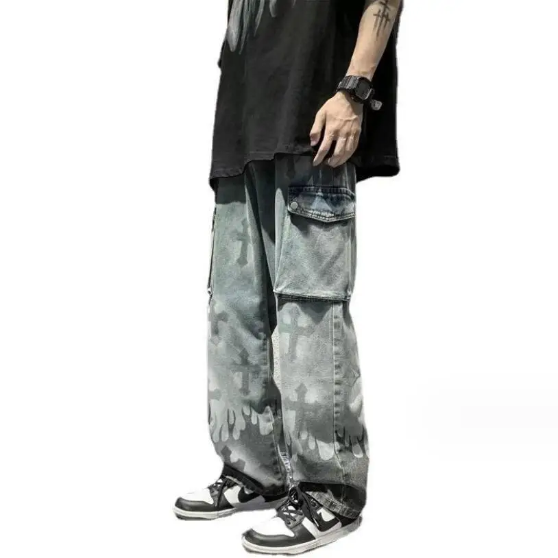 Брюки мужские из денима в стиле панк мешковатые брюки с принтом Харадзюку