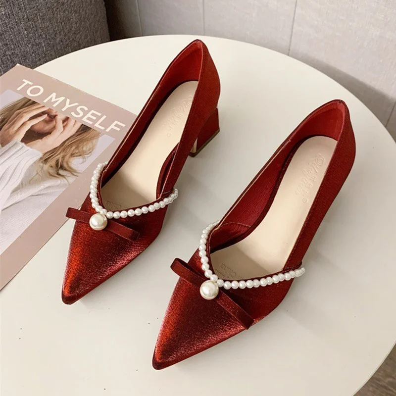 

Туфли-лодочки женские атласные, заостренный носок, высокий квадратный каблук, жемчуг, бант, высокий каблук, 4 см