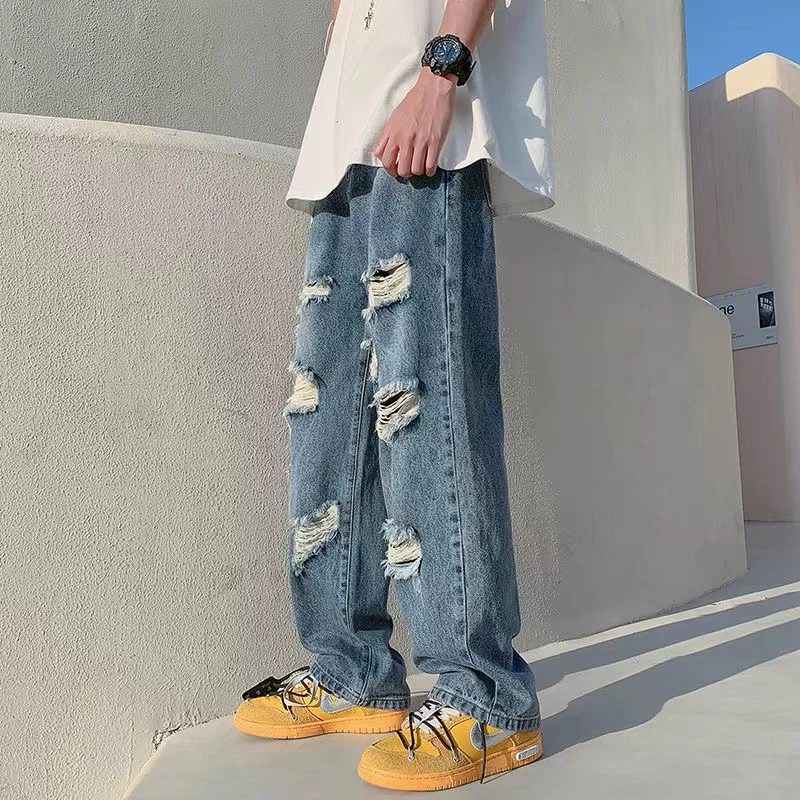 Y2K Vintage Streetwear Korean Fashion Ripped Baggy Pants Hip Hop Wide Leg Jeans for Men Denim Trousers Black Blue Male Clothing