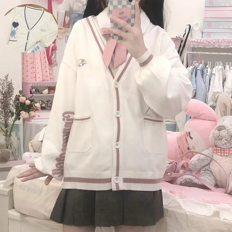 

Kawaii Sanrios Series Cinnamoroll My Melody Anime Cartoon Embroidery Jk Uniform Knitted Cardigan Sweater Cute and Sweet