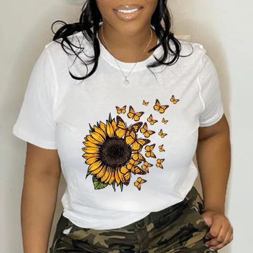 

Colorful Sunflowers Women T Shirts Religious Clothes 90s Grunge Aesthetic T-shirts Unisex Cotton O Neck Outfits Black White Tops