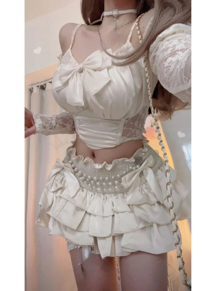 

Korean Fashion 2 Piece Set Woman Lace Y2k Crop Tops + Slim Casual Mini Cake Skirt Kawaii Sweet Suit Lolita Girls 2023 Summer