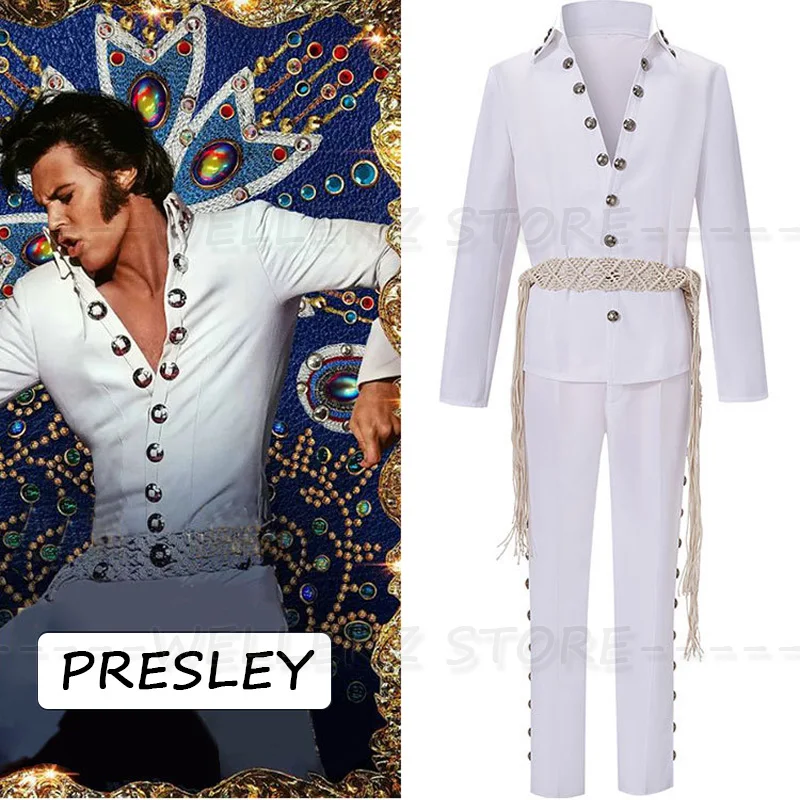 

Presley Cosplay White Tassels Button Costume Adult Men Retro 80s 90s Wig Stage Performance Shirt Pant Halloween Suit For Men A26