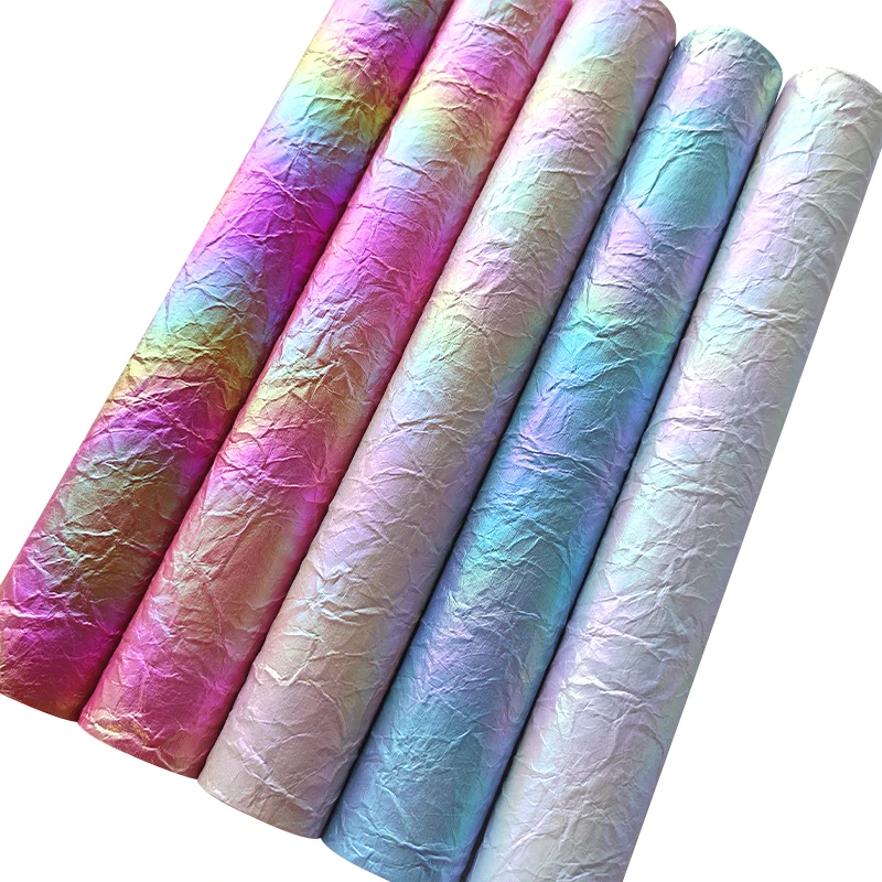

Holographic Rainbow Faux Leather Retro Distressed Texture PU Leatherette Fabric for DIY Sewing Craft Bows Earrings 46*135cm