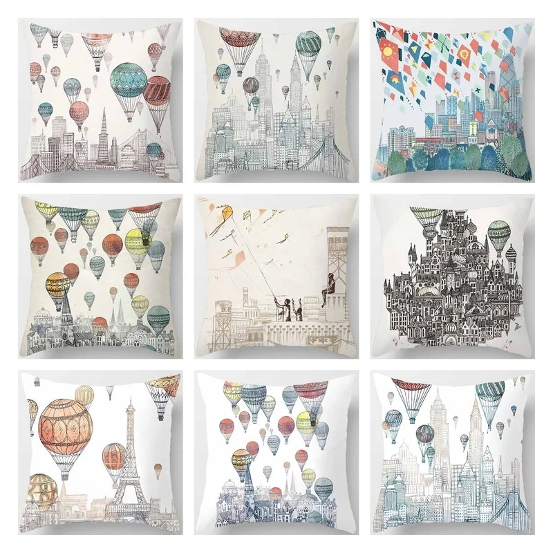 

City and Hot-air Balloon Print Pillow Cover Home Decor Car Sofa Car Polyester Cushion Cover 45x45cm