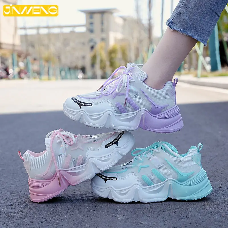 

New Sports Vulcanized Shoes Ladies Mesh Breathable Running Casual Jelly Color Thick Bottom Plus High College Style Double Lacing