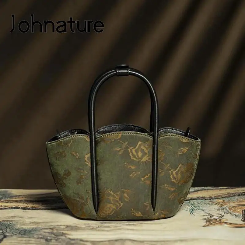 

Женская винтажная сумка из шелка и натуральной кожи Johnature, дизайнерская сумка-тоут с цветочным принтом для корзины, 2022