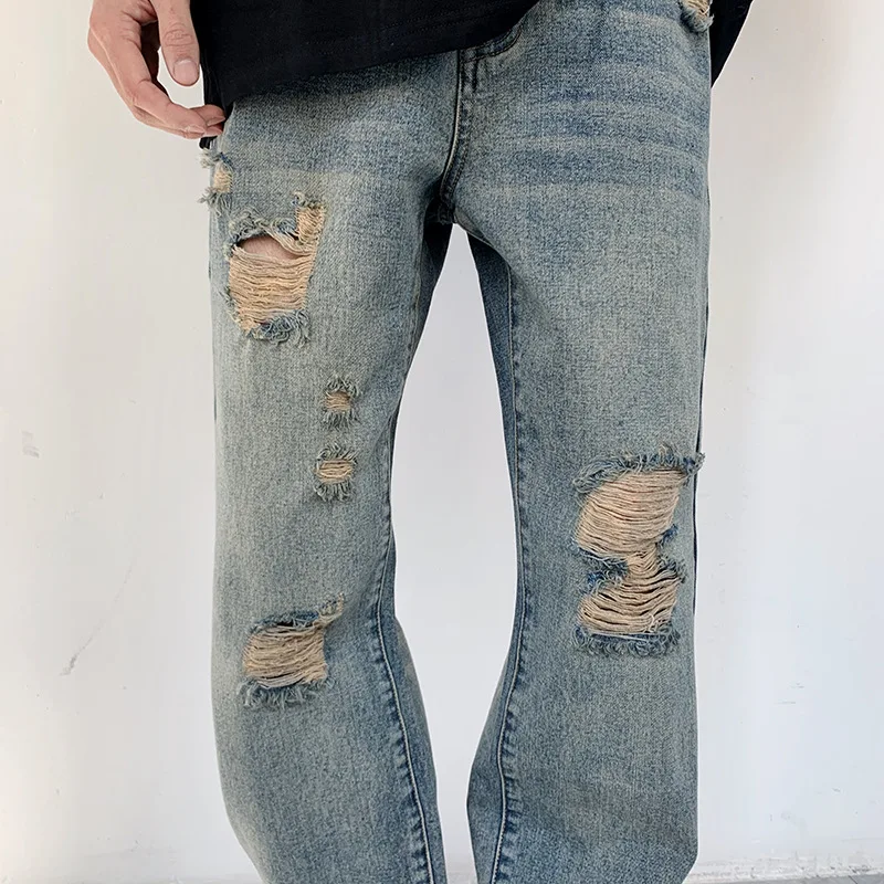 2022 New Streetwear Men Jeans Worn Washed Straight Pants Casual Loose Boys Ripped Jeans for Men Denim Pants Full Length Trousers