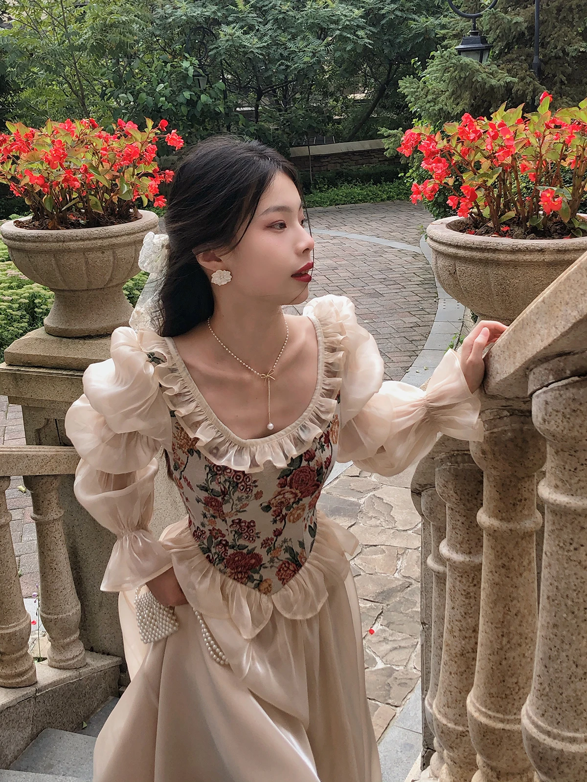 Винтажное элегантное платье с цветочным принтом женское осеннее повседневное