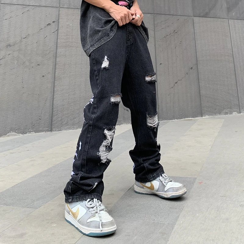 High Street Letter Embroidery Ripped Loose Jeans for Men Hole Washed Harajuku Frayed Straight Black Denim Trousers Oversized
