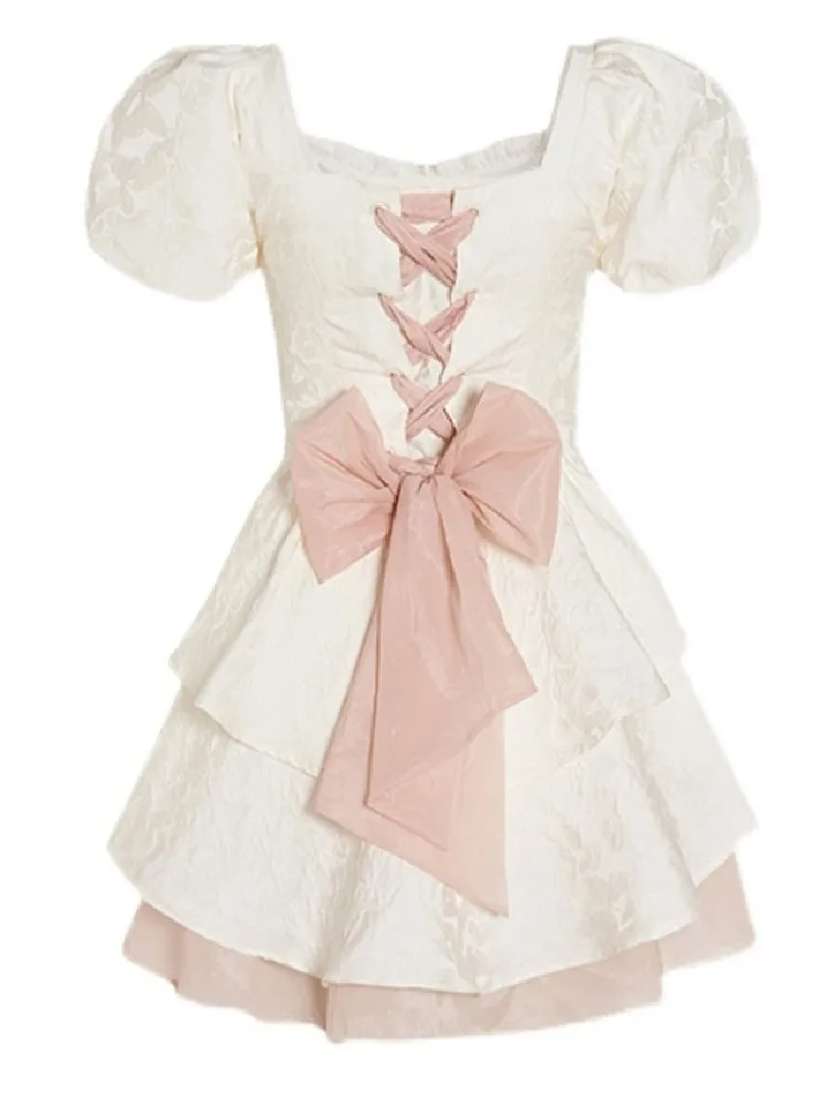 

Летние платья в стиле "Лолита" с белыми цветами, женское милое платье с бантом для девушек, высококачественное платье принцессы, модное милое платье