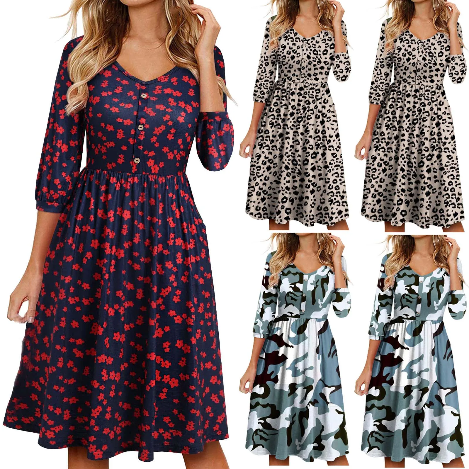 

2022 Spring Summer Fashion Women's Bohemian Dresses Multicolor Casual V-Neck Button Pockets Vacation Beach Mini Dress mujer