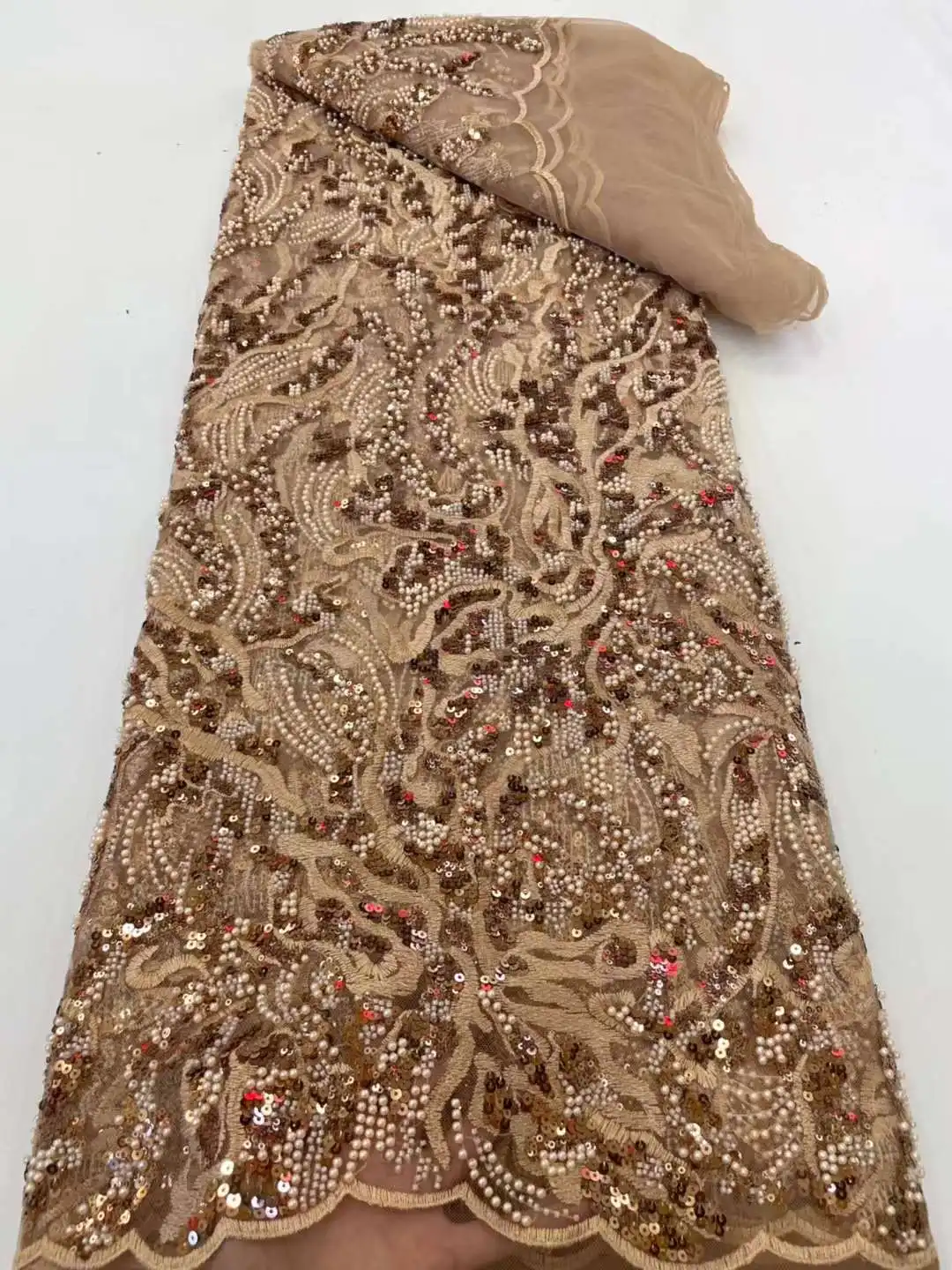 

African Sequins Beads Lace Fabric 2023 High Quality Lace French Lace Fabric Sewing Nigerian Lace Fabrics For Wedding Dress 5y