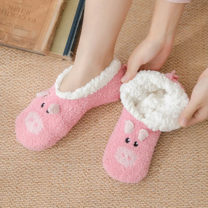 Women Winter Floor Socks Thicked Warm Plush Cute Animals Cartoon Home Slippers Socks Woman Non-slip Bedroom Sleep Sock