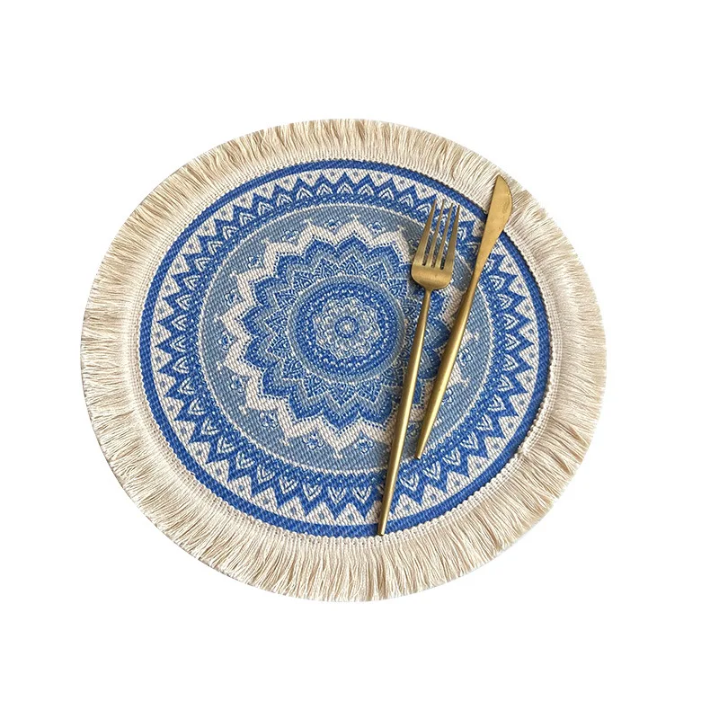 Inyahome Mandala Boho Table Mats Natural Jute Placemats for Kitchen Table Round Burlap Place Mats with Tassels for Wedding Party