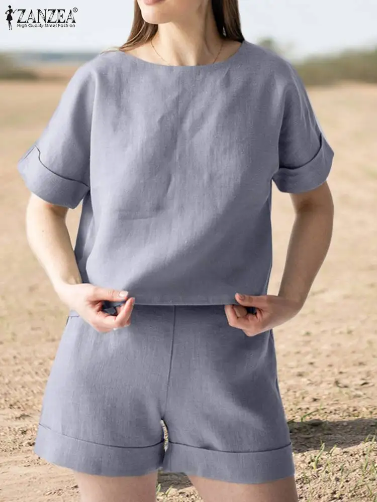 

Женский Повседневный костюм из блузки с коротким рукавом ZANZEA, летний комплект из 2 предметов, однотонные пляжные короткие комплекты, городс...
