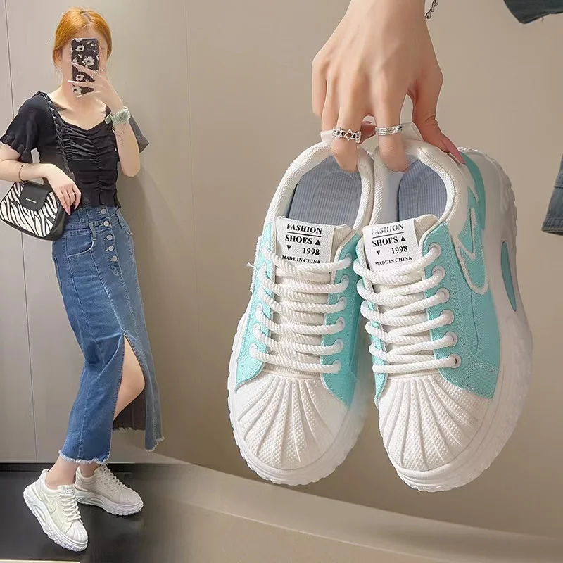 

SENDNAKAI 023 Autumn New Korean Shell Small White Shoes Women's Student Thick Sole Canvas Fashion Casual Sports Shoes Breathable