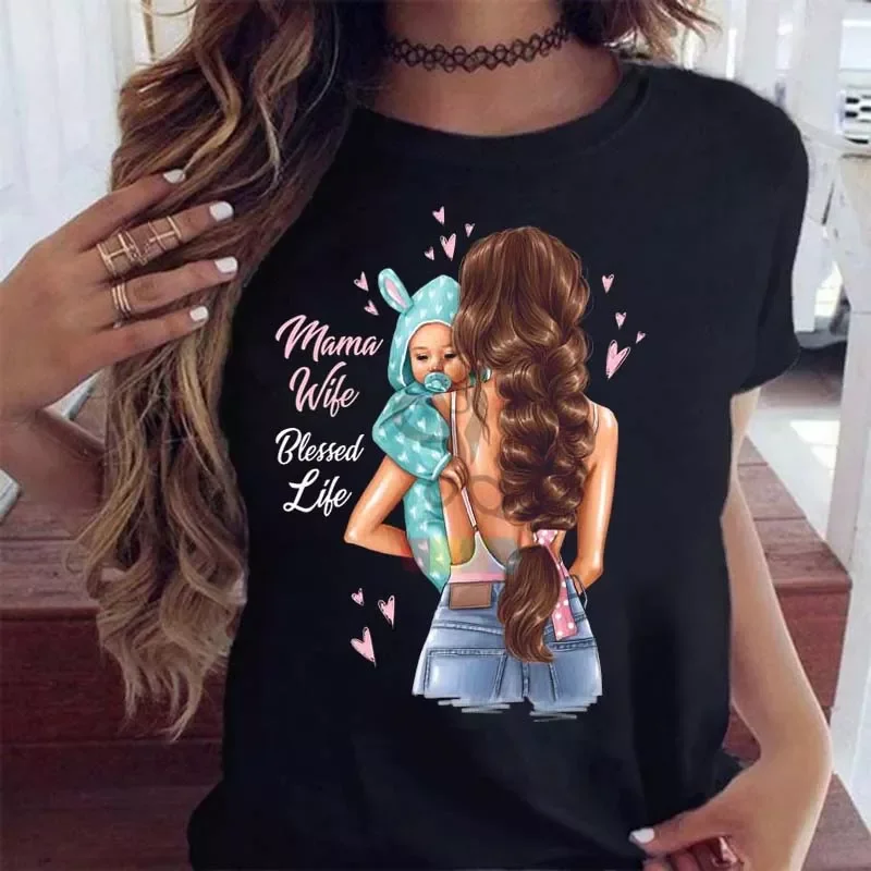 

Женская футболка с рисунком мамы, дочки, сына, с коротким рукавом