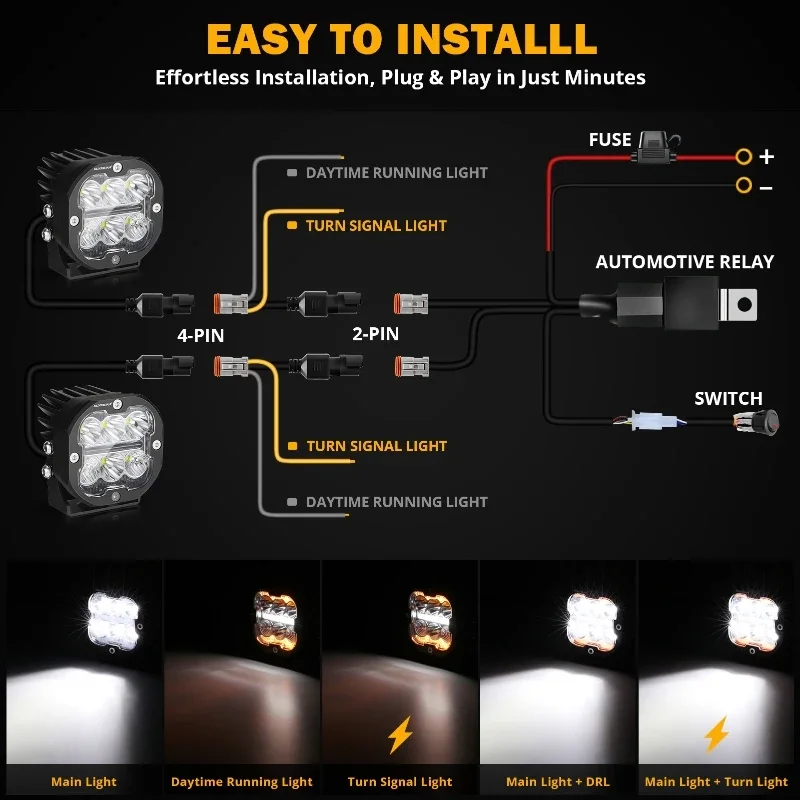 AUXBEAM 3-дюймовый автомобильный светодиодный фонарь дальнего света с двухцветным DRL