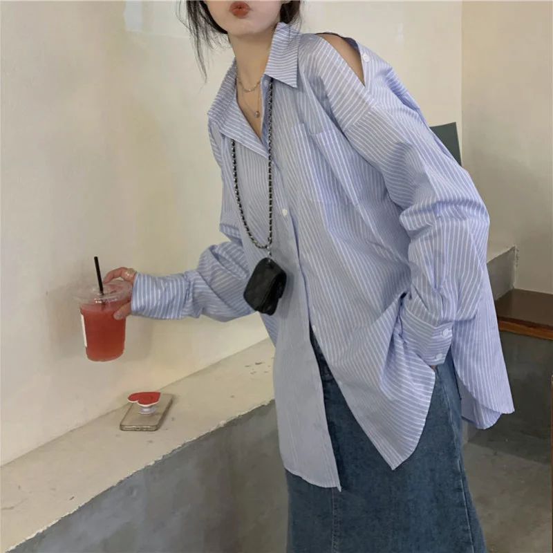 

QWEEK Blue Striped Shirt for Women Korean Style Oversized Blouse Vintage Off Shoulder Long Sleeve Top Female Button Up Harajuku