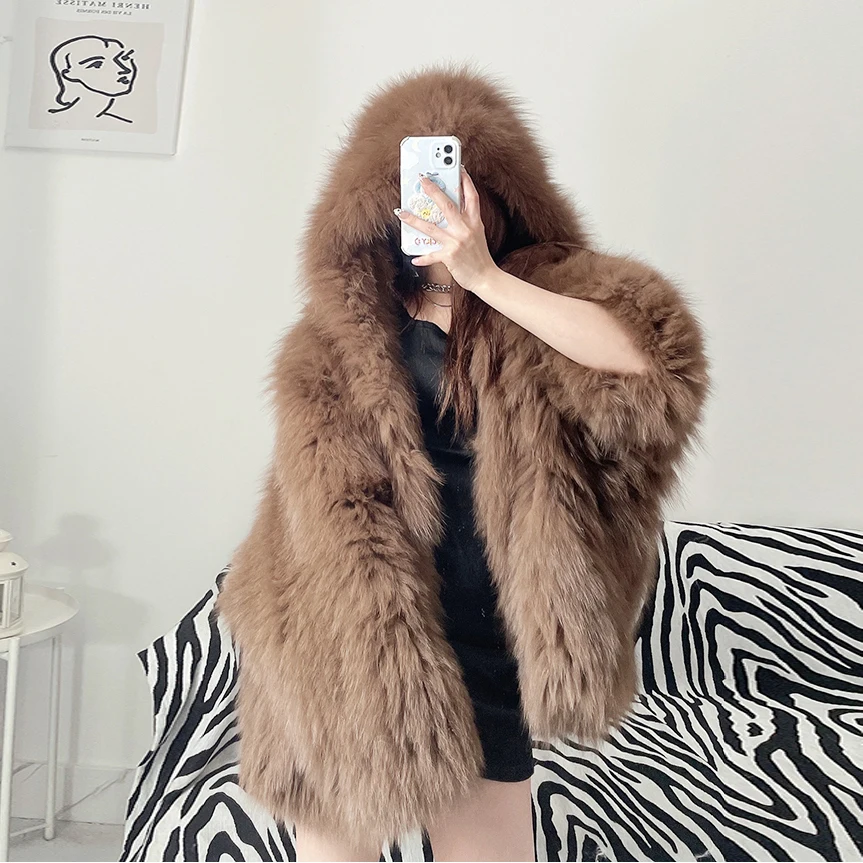 Maomaokong Genuine Fur Jacket Women's Short Warm Thick Fox Fur Coat Winter Fashion Slim Vest Natural Raccoon Fur Vest For Women enlarge