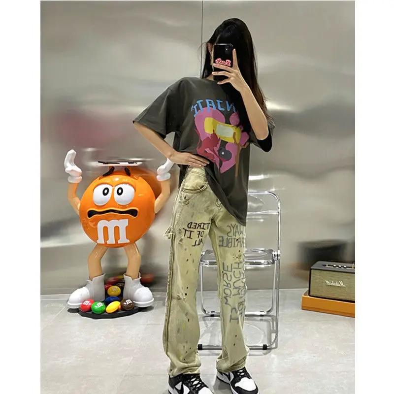 

Harajuku Trousers Khaki Embroidered Ink Splash Jeans Women's European and American High Street Hip-hop Girls Straight Pants