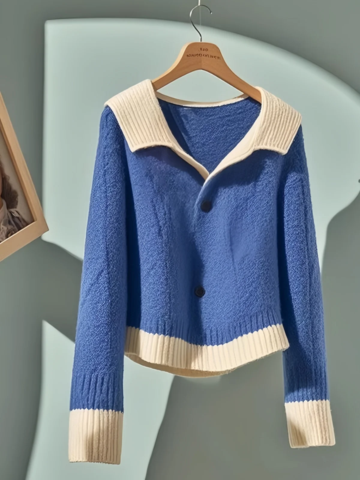 Blue Lapel Knit Sweater Women's 2024 New Late Autumn Early Winter Wear French sle Lazy High Sense Top