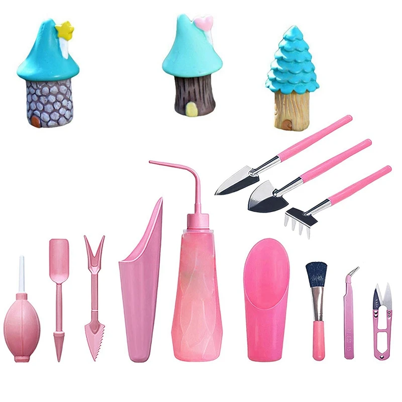 

1Set Miniature Fairy Garden Vase Mushroom House Ornament Dollhouse Plant Pot Figurine (Blue) & 12 Pieces Mini Garden Hand Transp
