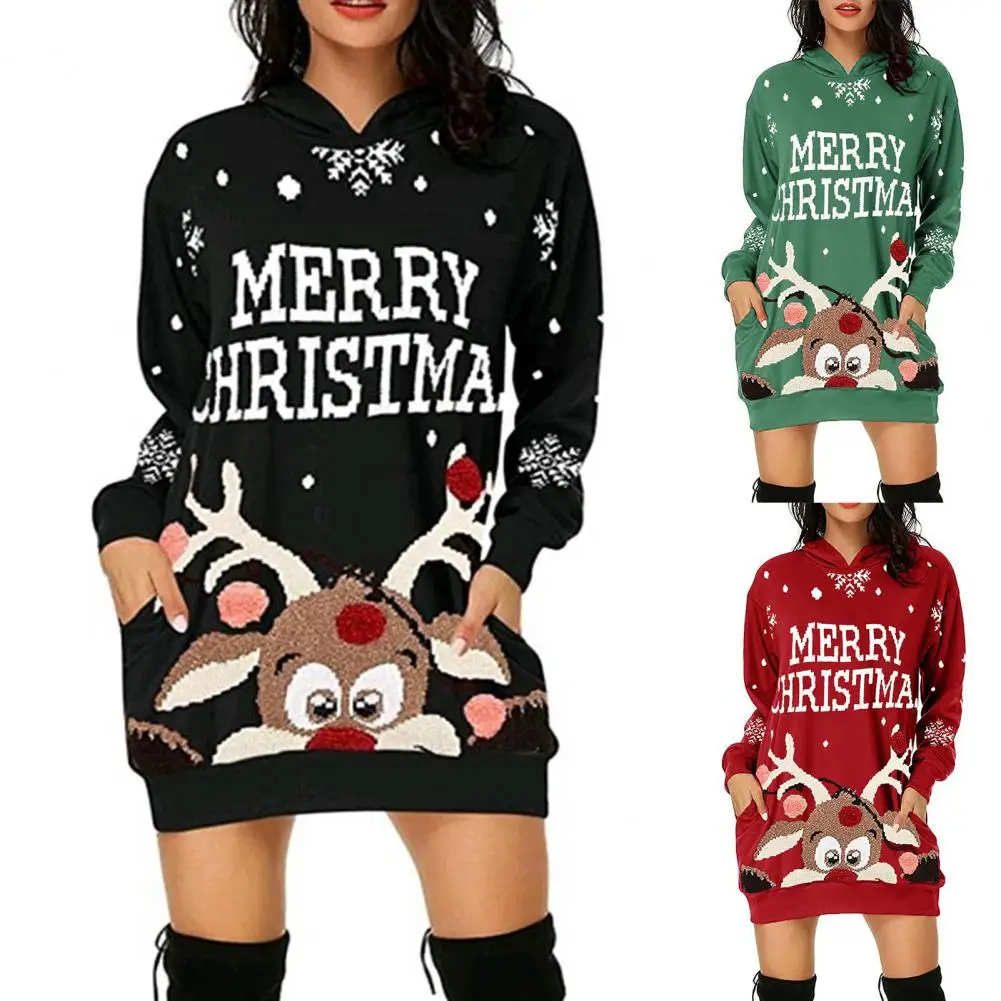 

Christmas Sweatshirt Elk Print Long Sleeve Xmas Blouse Loose Fit Side Pockets Shrinkable Cuffs Festival Blouse Women's Clothing