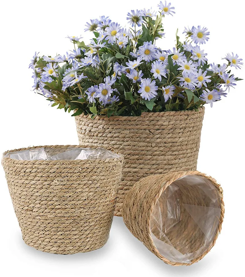 

Grass Woven Flower Pots, Plant Baskets, Woven Seaweed And Cattail Storage Baskets, Storage Baskets, Home Potted Flower Sets, 3 P