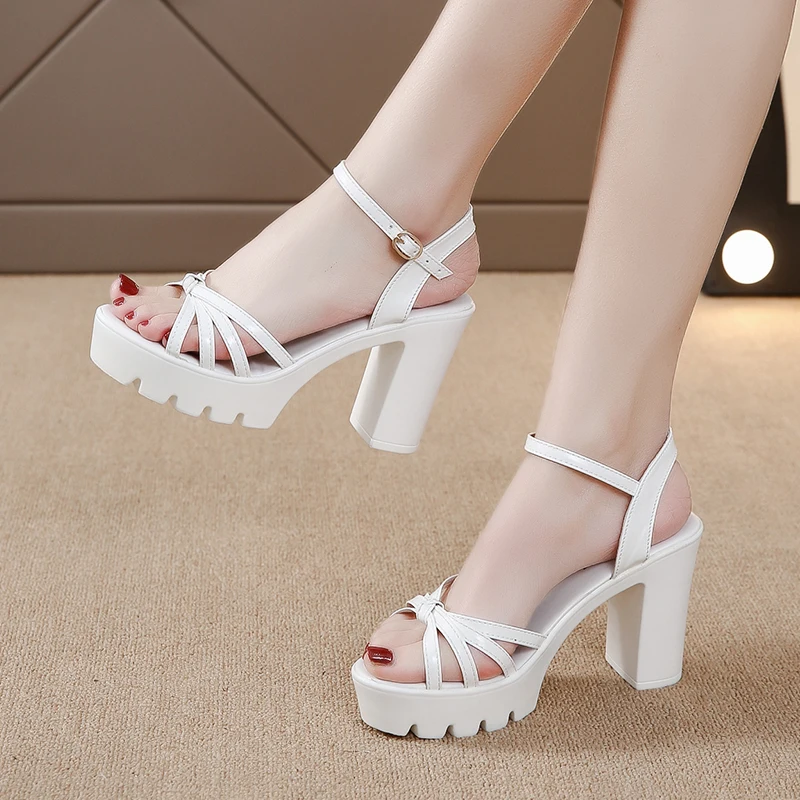 

Plus Size 35-40 Block Heel 8cm Platform Sandals Women Shoes Leather 2022 Summer High Heels Sandals Ladies Office Shoe