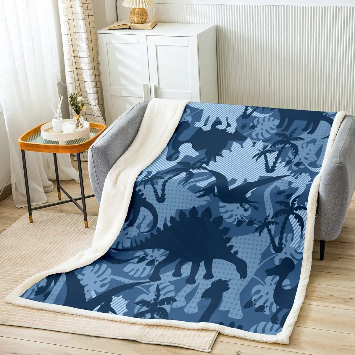 

Dinosaur Silhouettes Kids Throw Blanket,Coconut Trees Tropical Plants Bed Blanket for Girls Boys Adults,Cartoon Animals